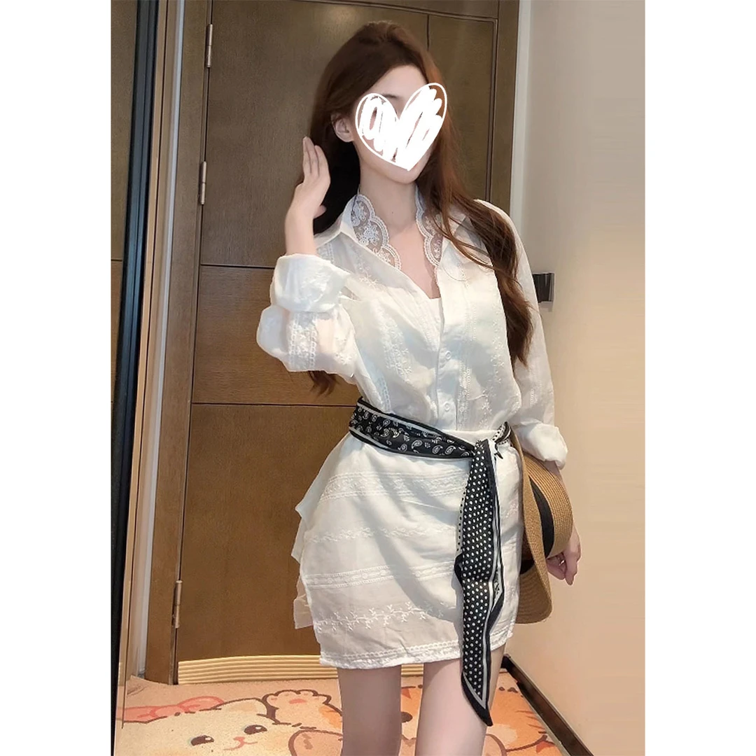 白色蕾丝拼接衬衫薄款女秋季新款百搭休闲度假白色半身裙丝巾套装