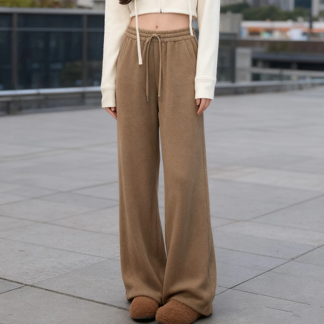 松紧腰加绒加厚高腰糯米阔腿裤女冬季新款纯色显瘦直筒窄版休闲裤