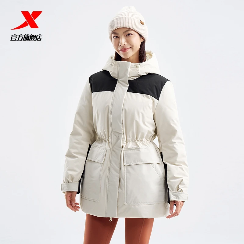 特步女装加厚保暖连帽羽绒服冬季新款女子户外防风运动外套