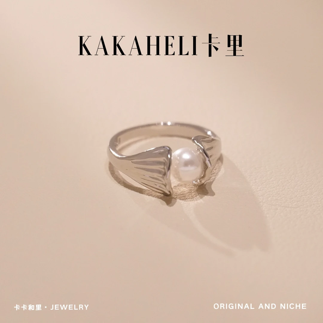 铜合金戒指 手工气质白色轻奢小众简约鱼尾珠珠戒指A149