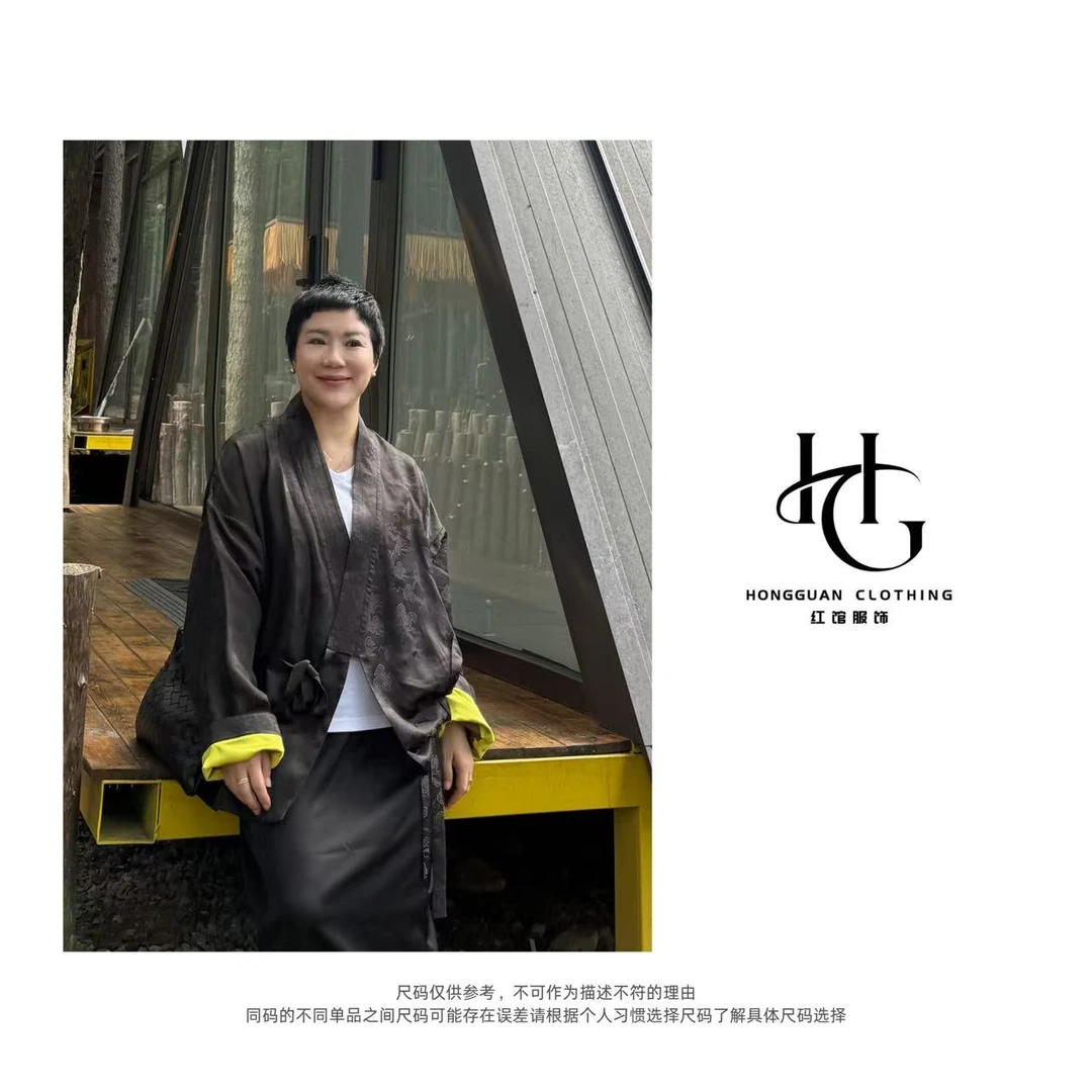 H·G【古香】3604 新款气质新中式侧系带暗花挽袖衬衫