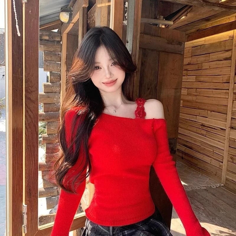 辣妹花朵针织衫早春印花针织衫气质毛针织衫显瘦方领红色