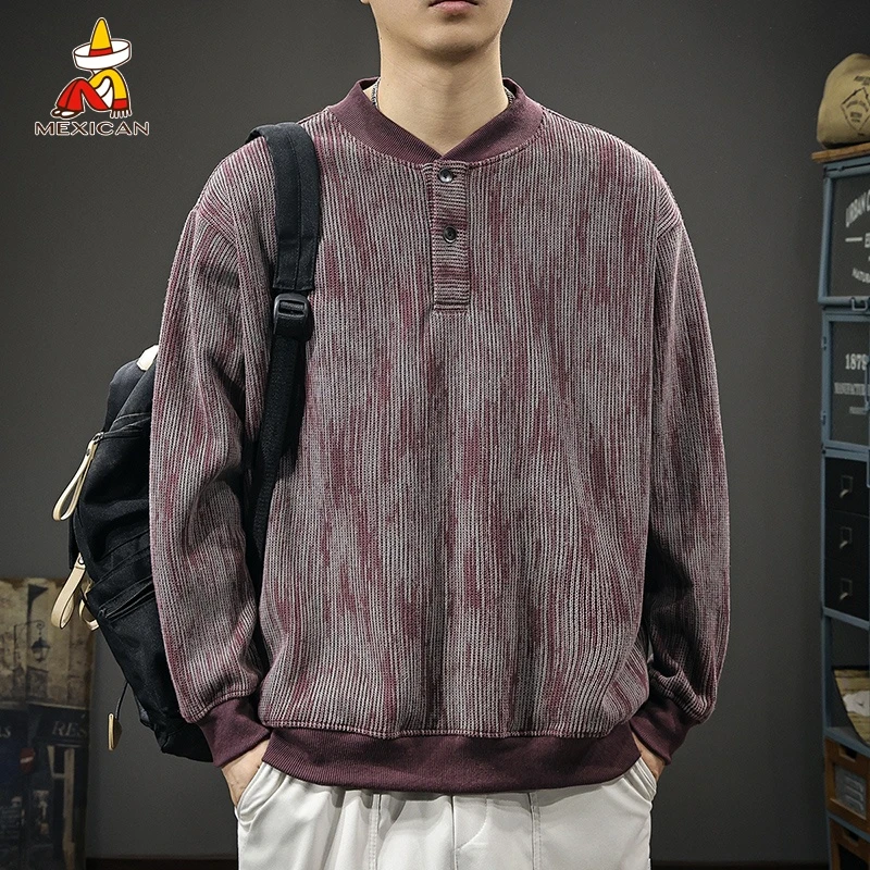 Mexican/稻草人美式复古亨利领卫衣男款秋季宽松休闲长袖套头上衣
