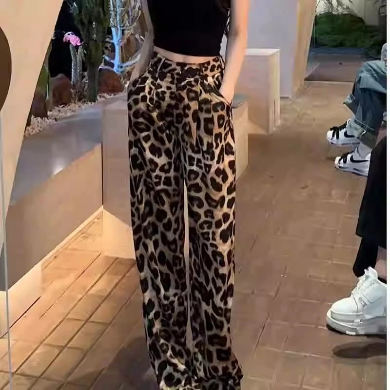 2025年夏季新款豹纹裤子缎面阔腿裤女薄款长裤显瘦垂感直筒裤高腰