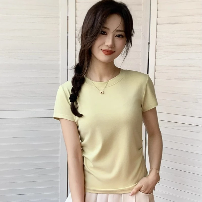 正肩收腰圆领短袖女夏季新款纯色小个子t恤女修身显瘦设计感上衣