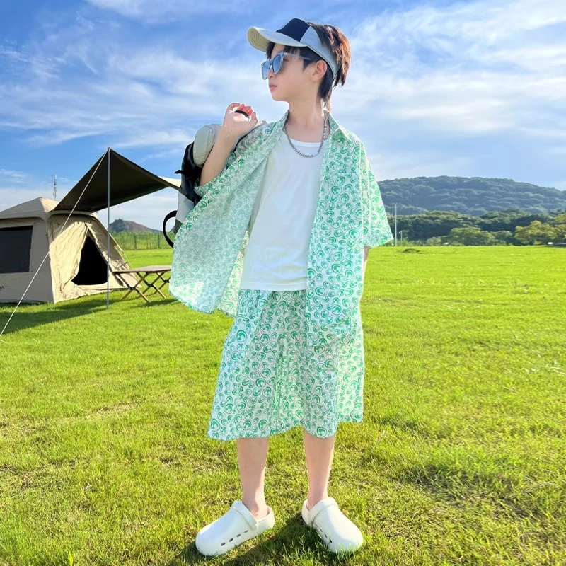 男童夏装套装2025新款儿童男孩夏季短袖衬衫中大童夏款洋气休闲潮