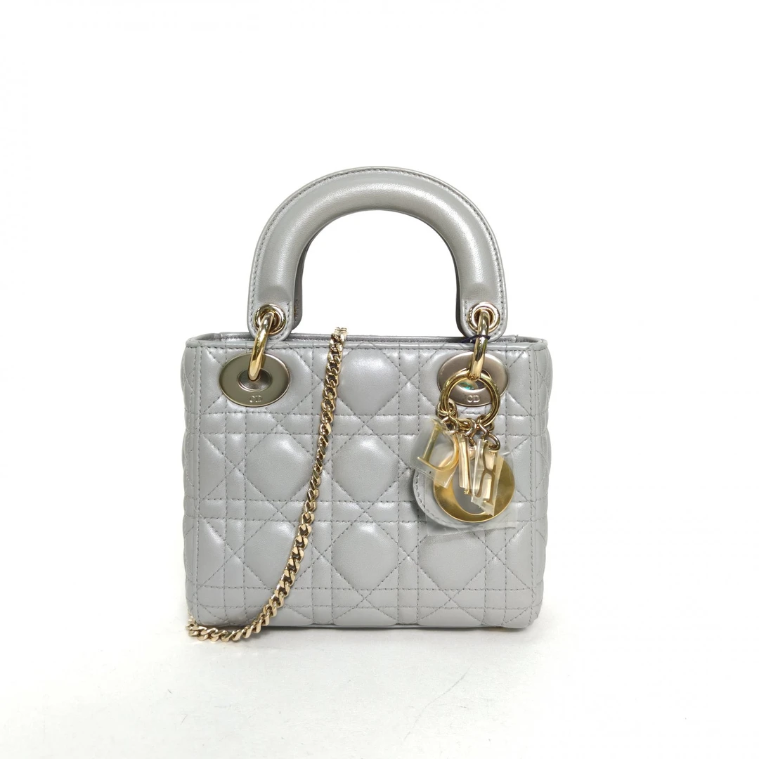 95新 DIOR/迪奥 【双双】戴妃包 三格 灰色 金扣 2021