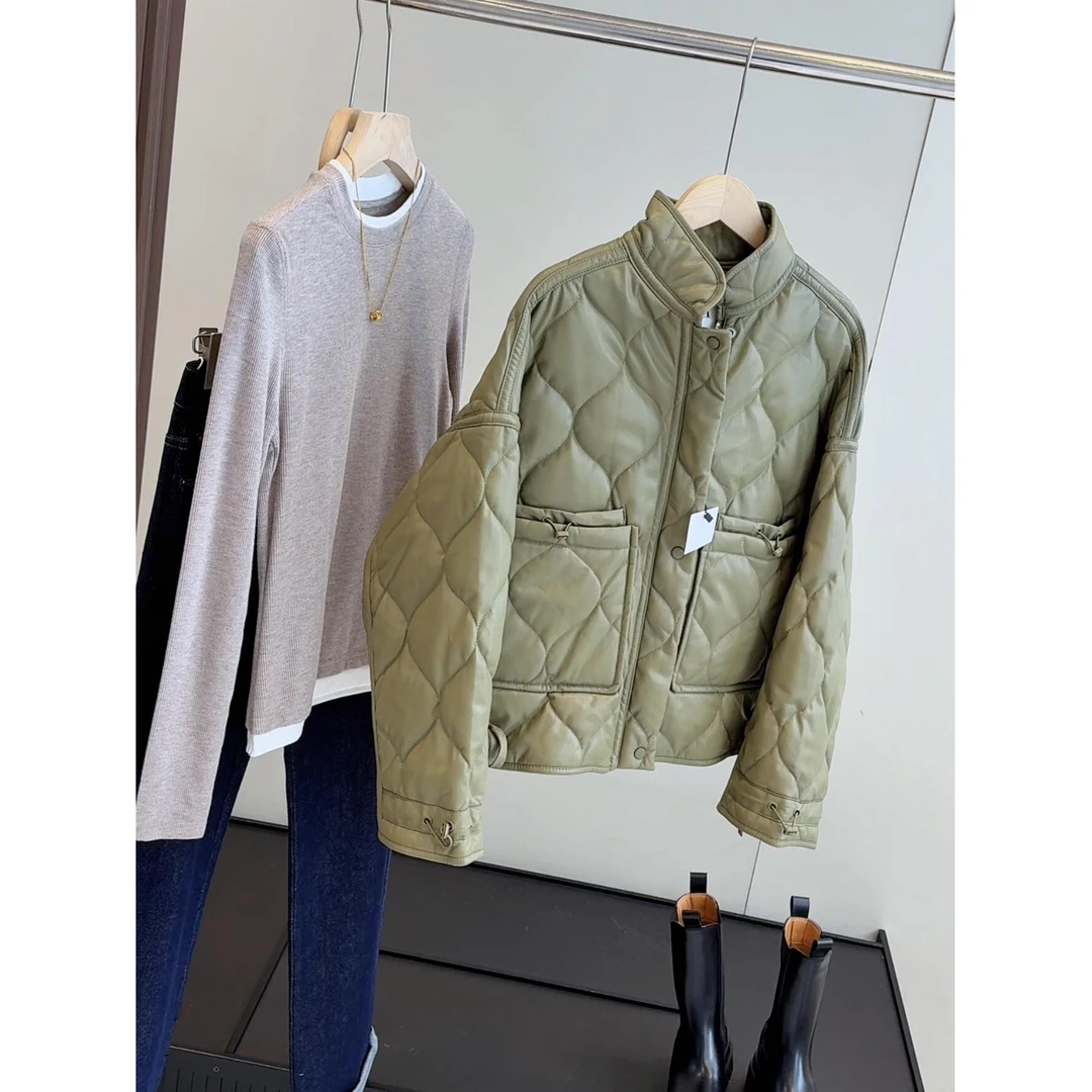 ZR!原!皮质法式小众立领绿色大口袋菱格棉服夹克外套