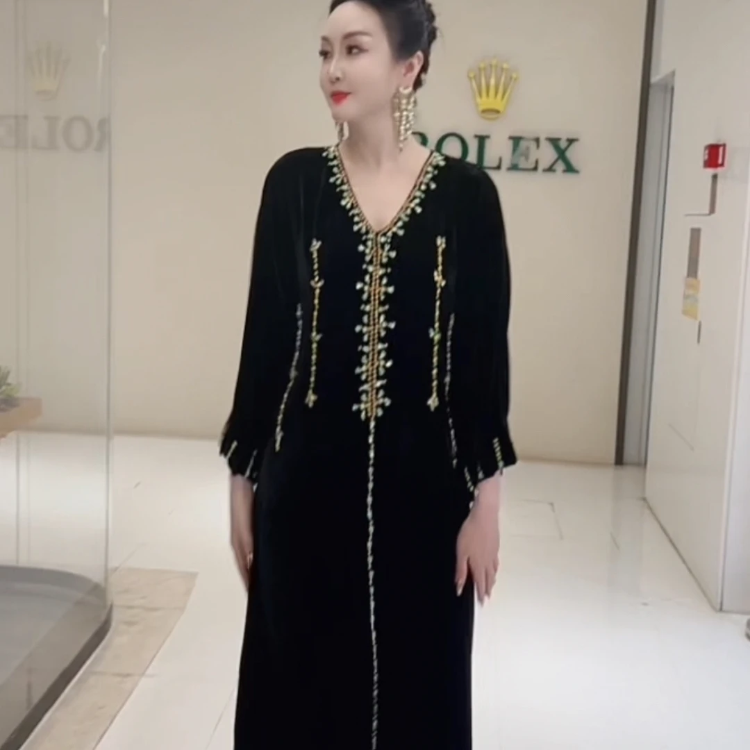 设计师高端手工串珠桑蚕丝丝绒连衣裙