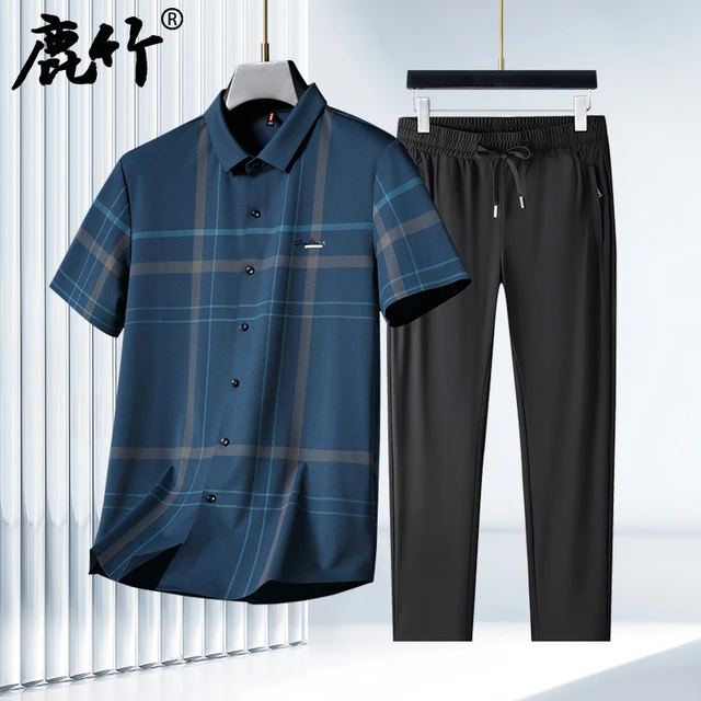 鹿竹爸爸夏装套装中年男士冰丝短袖衬衫中老年男装长裤夏季上衣服