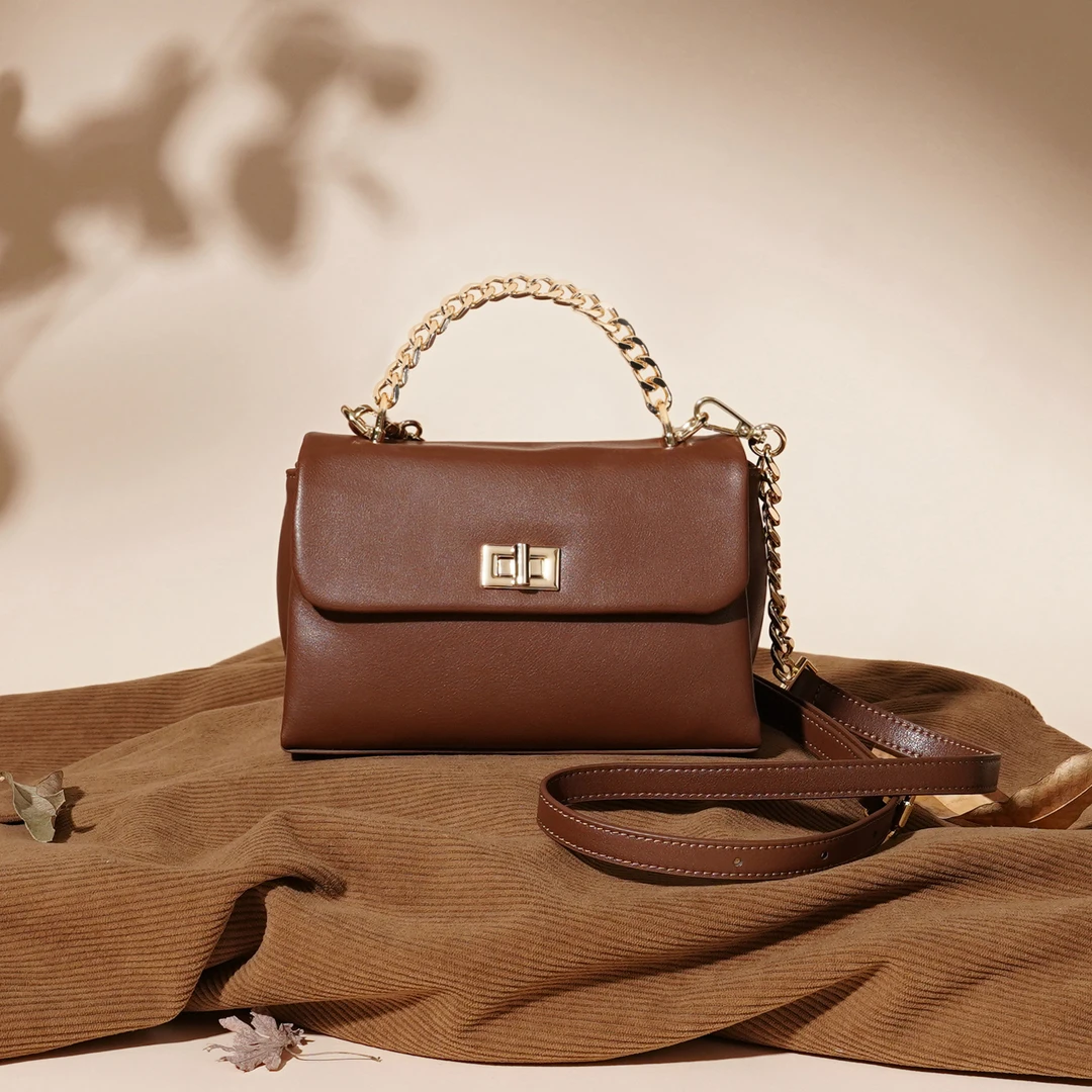 岩牛新款上班通勤牛皮气质女包百搭豆腐包链条手拎包棕色单肩斜跨