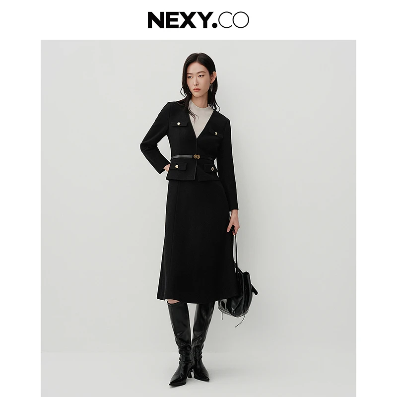 NEXY.CO/奈蔻气质时尚秋冬拼接法式连衣裙XF06224W0