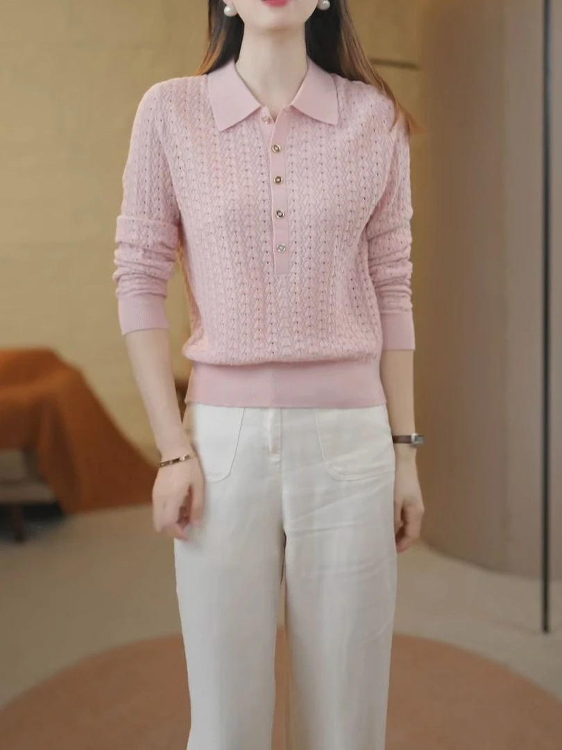时尚气质polo领休闲百搭针织衫2025秋季新款宽松显瘦减龄上衣