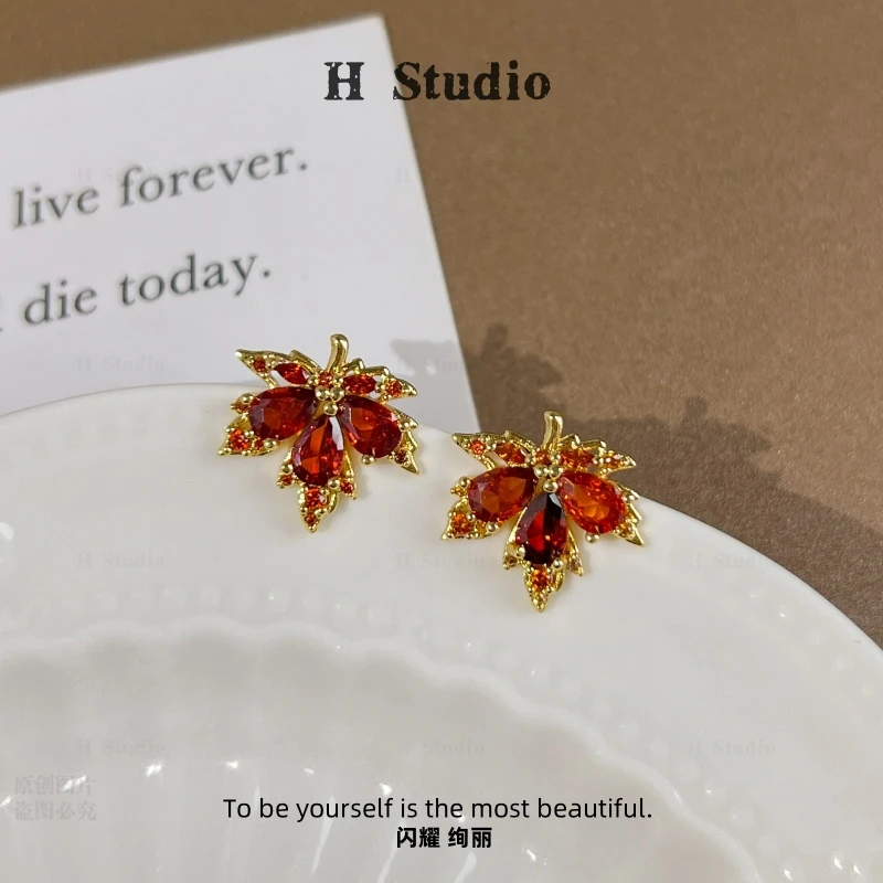 铜合金合成锆石耳饰 E3255 【原野】时尚百搭轻奢红色复古耳钉