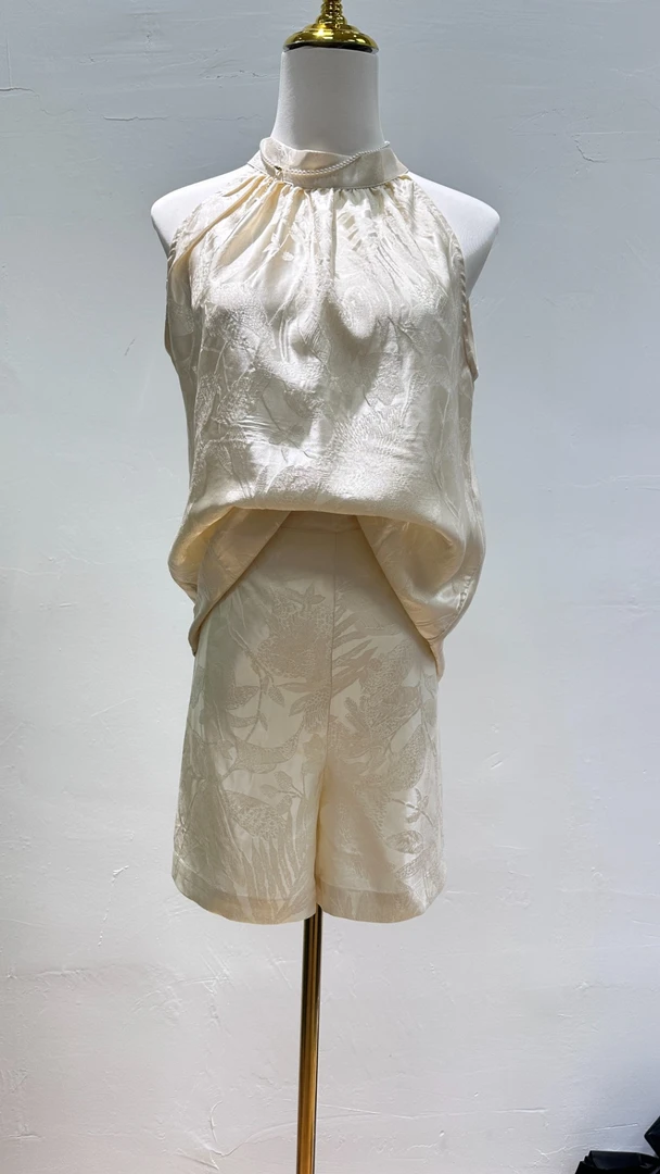 真丝新中式中国风通勤时尚套装春夏季短款吊带套装白色短裤连衣裙