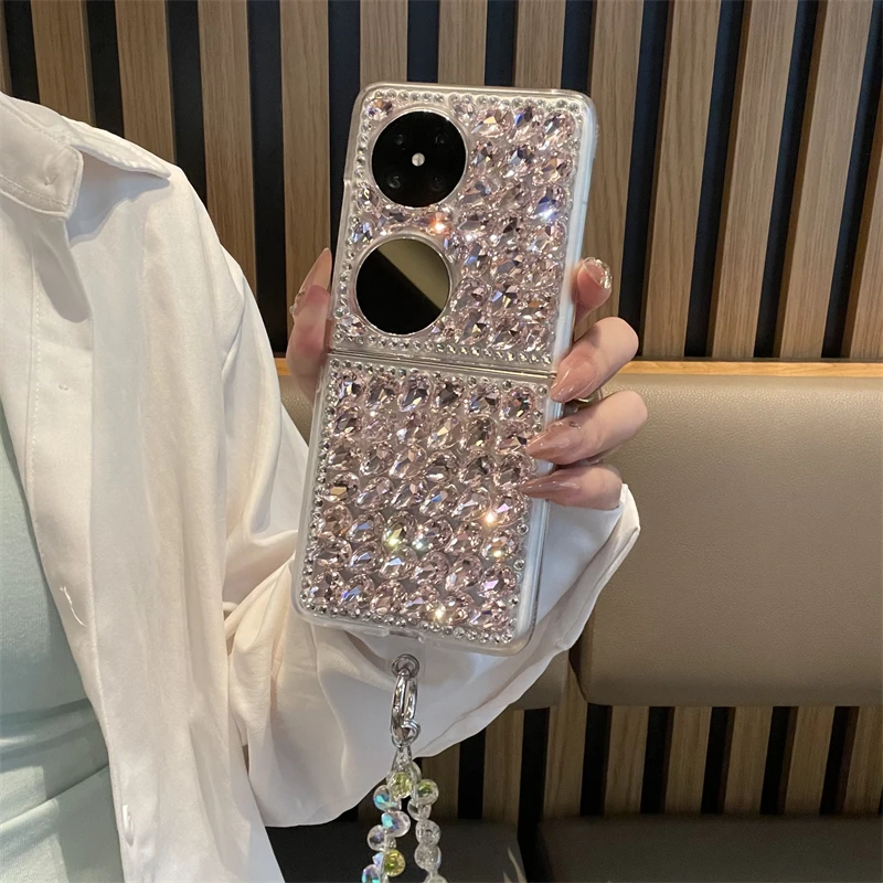 适用于华为pocket2手机壳粉色满钻手机壳p50pockets轻奢手提女款