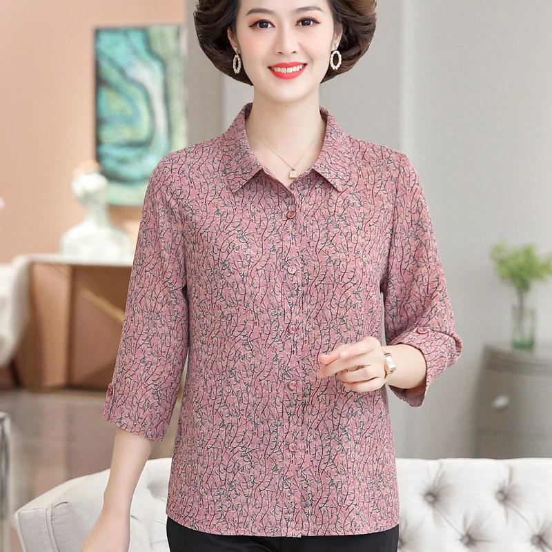 中老年新款女装春夏装碎花七分袖打底衫上衣洋气妈妈薄款衬衣时尚