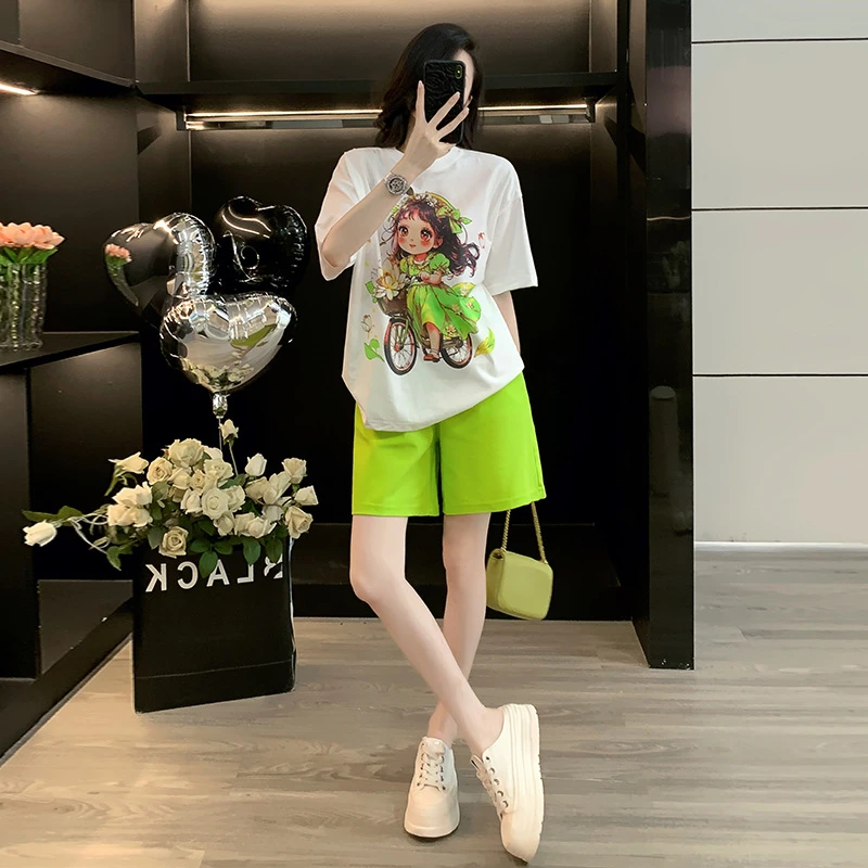 2025夏季新款时尚休闲运动套装女小清新短袖恤短裤晨跑两件套潮