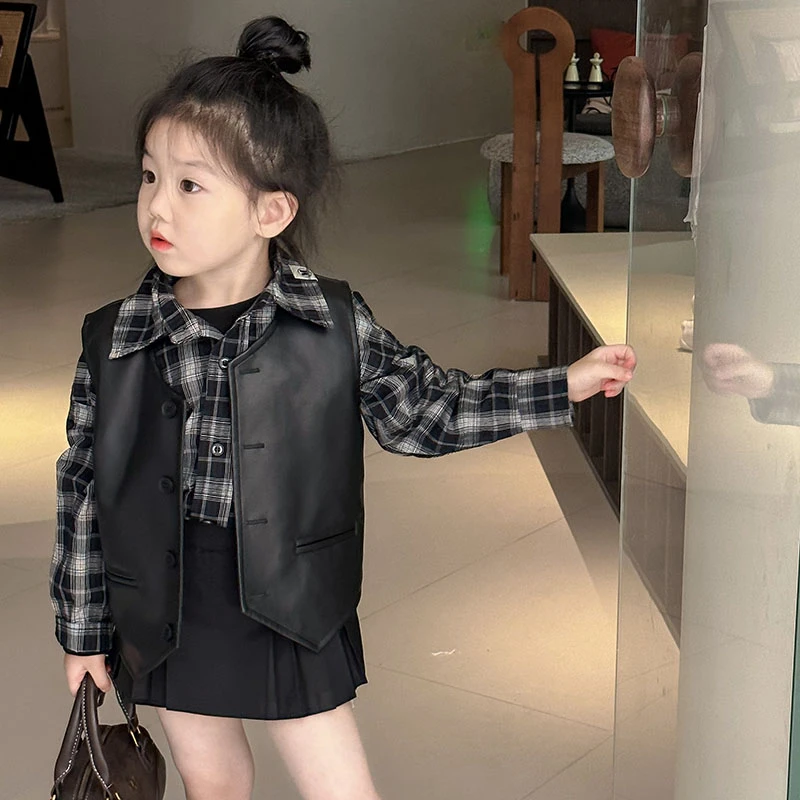 2025秋季新款女童皮衣马甲秋装中大童儿童洋气百搭外套韩版上衣潮