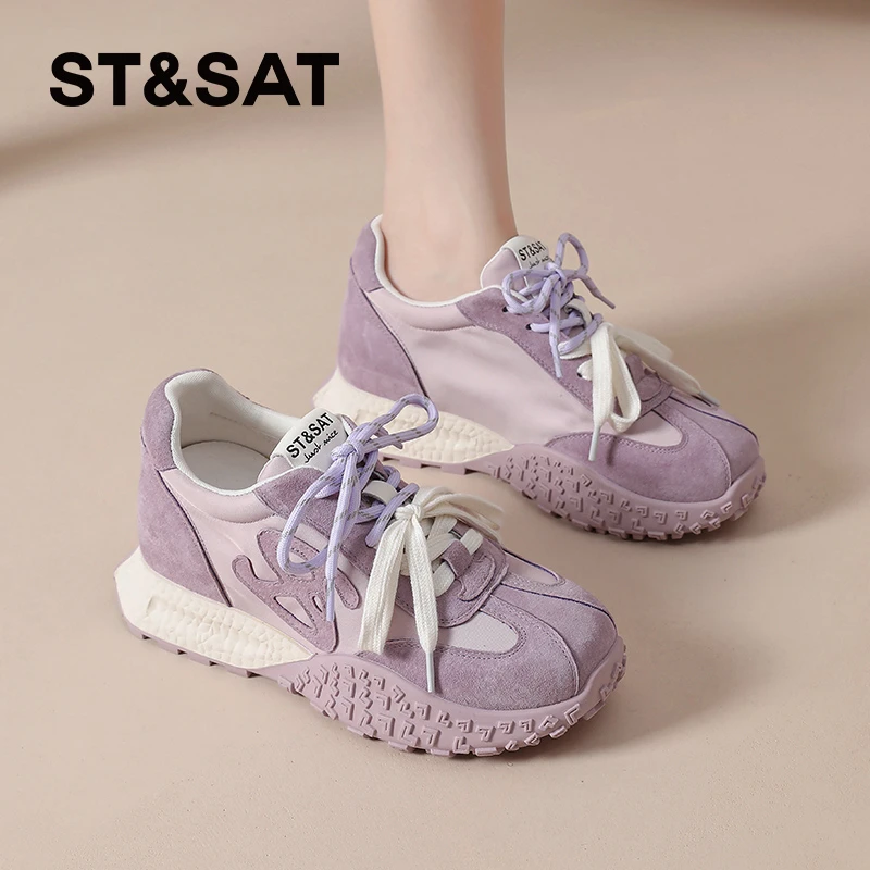 星期六紫色德训鞋女2025新款夏季透气厚底休闲增高运动网红阿甘鞋