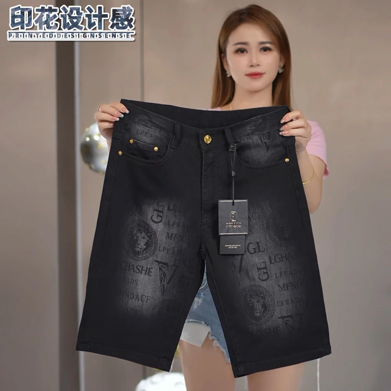 印花花纹黑灰色牛仔短裤男士夏季潮流水洗中裤修身时尚轻奢五分裤
