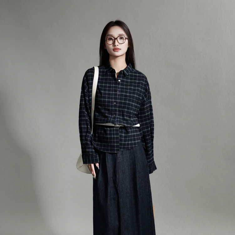 【商场同款新品】西町村屋美式复古格纹衬衣女春长袖衬衫XHAA10008