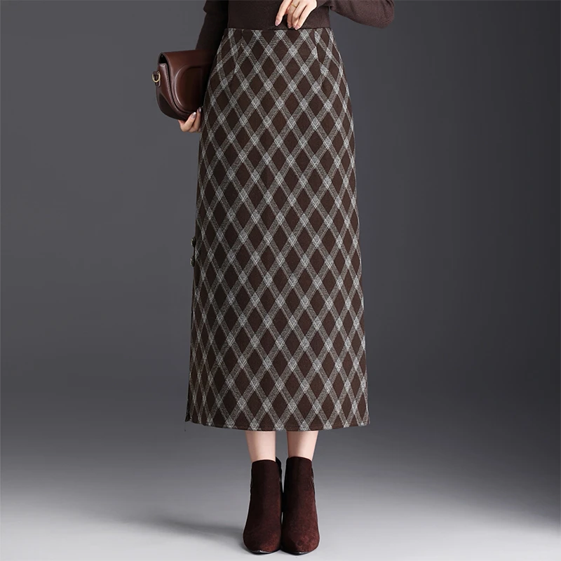 毛呢格子半身裙女秋冬中长款2025新款高腰包臀裙子垂感开叉一步裙