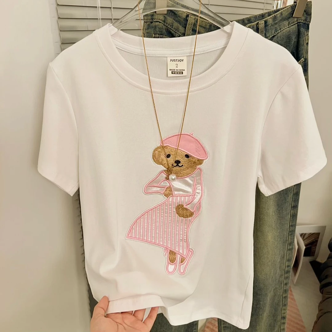 特大码230斤美式复古刺绣小熊短袖t恤男女夏季情侣设计感小众上衣