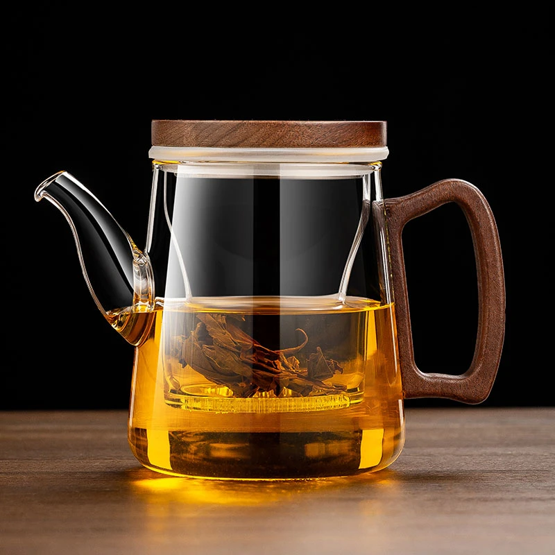 耐高温全玻璃泡茶壶胡桃木把带盖茶水分离花茶杯家用办公室泡茶杯