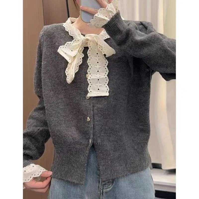 BAW30416【金拐子专属】La Vague 系带蝴蝶结蕾丝针织开衫  002