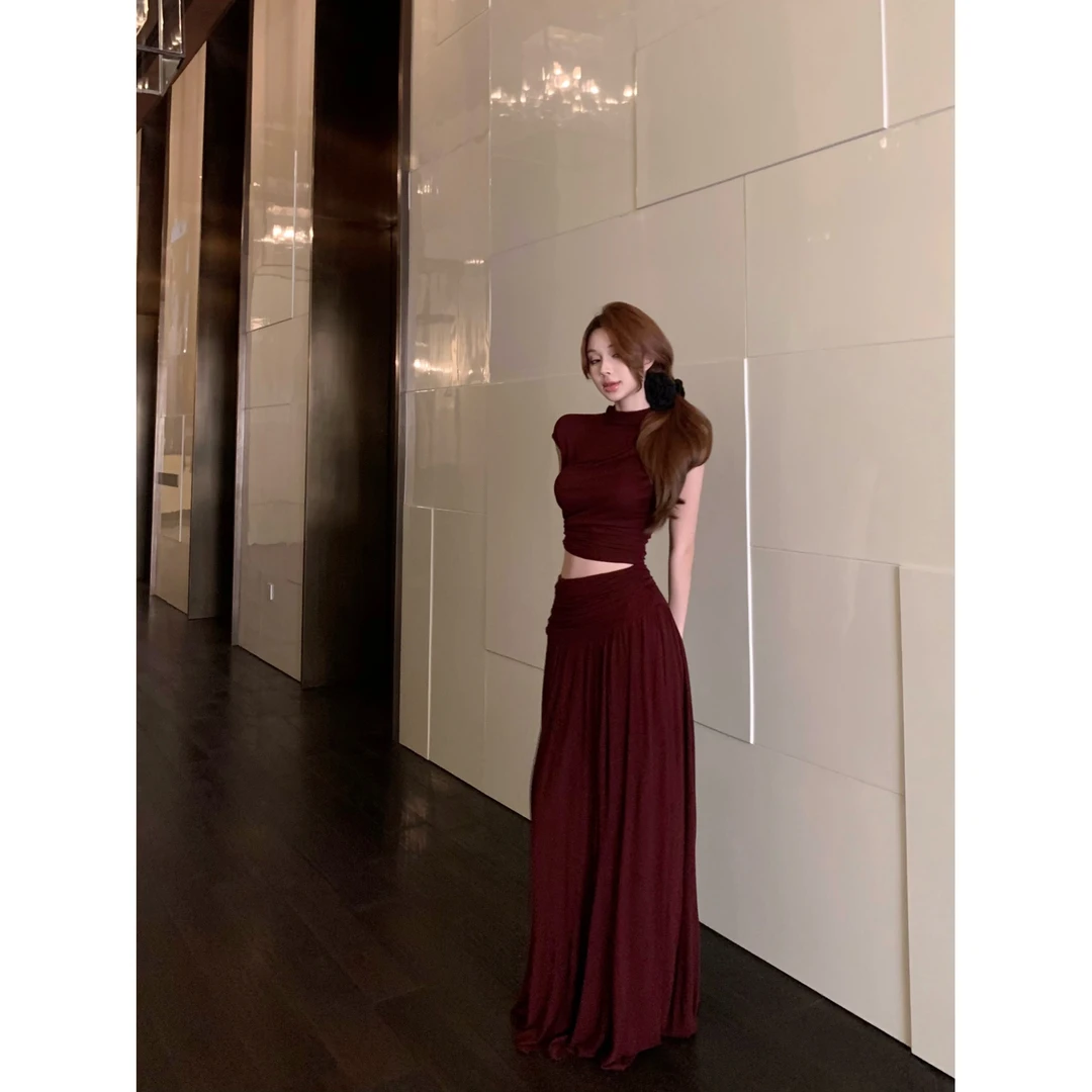 复古显白酒红色抽褶小高领上衣套装女慵懒双层腰头长款半裙两件套