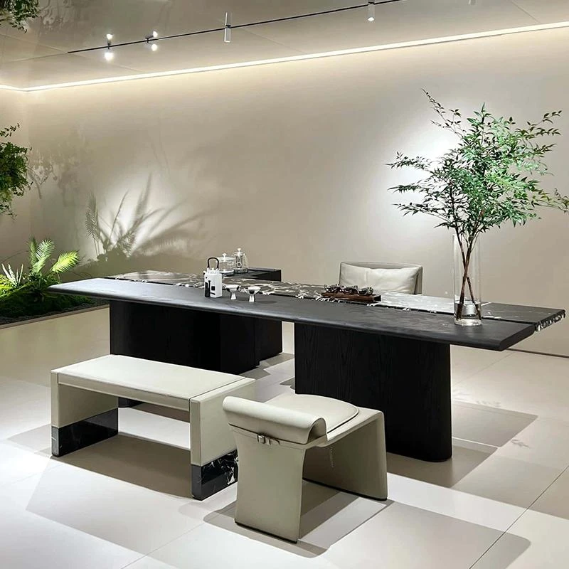 新中式岩板茶桌2025新款高端黑胡桃木泡茶桌办公室轻奢实木茶台