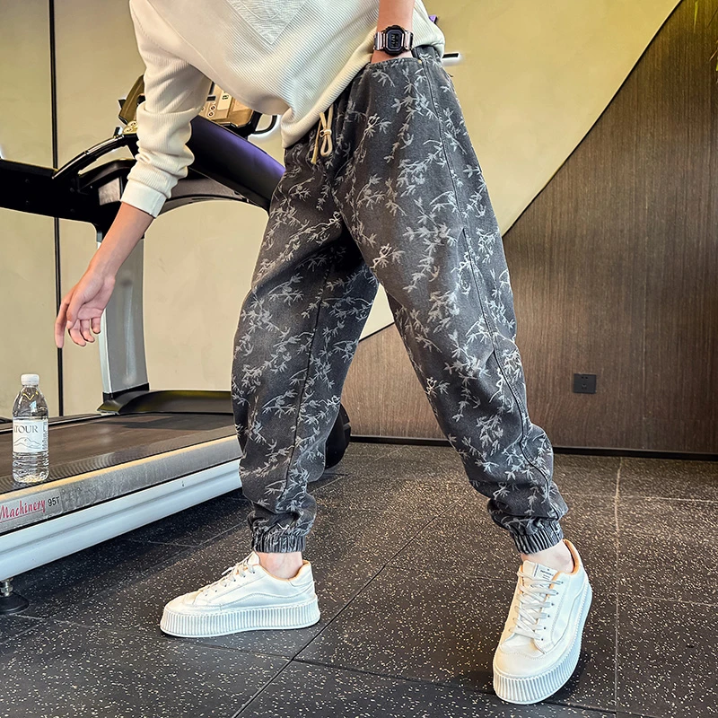 新款牛仔男裤秋冬季潮流设计感宽松束脚裤男士加绒加厚休闲长裤子