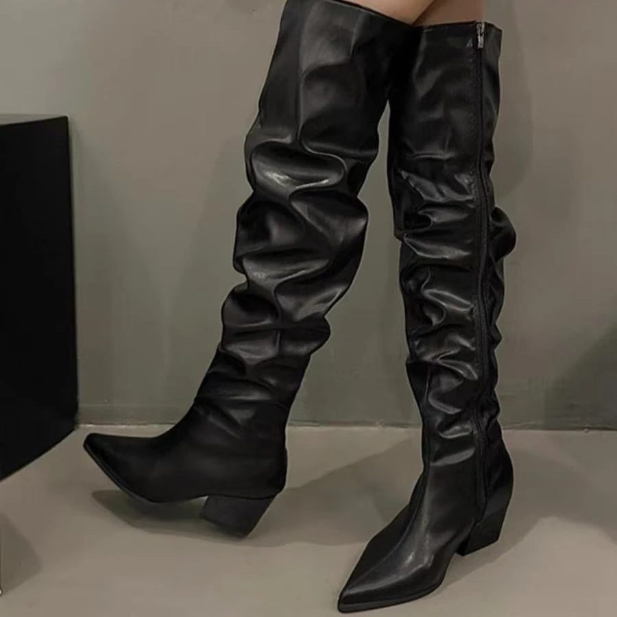 K03网红时尚中筒骑士长靴瘦瘦靴时装靴百搭短靴方头黑色