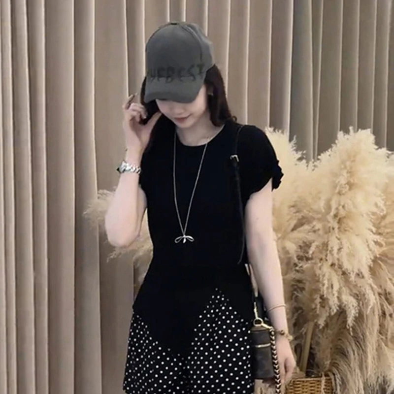 夏季潮流百搭新款漂亮设计高级休闲通勤日常黑色韩版开叉女装上衣