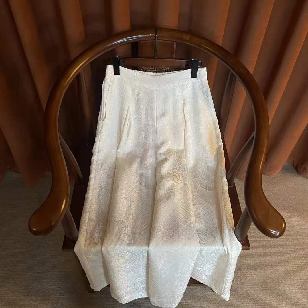 [双姐轻奢]香云纱女士新中式黑色和白色提花中国风休闲裤阔腿2525