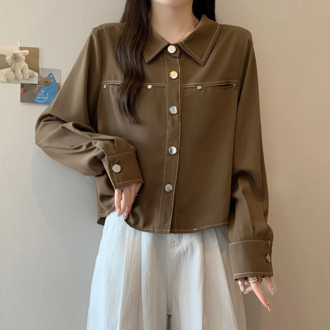 大码法式POLO领工装短款衬衫外套女春秋胖MM宽松显瘦百搭洋气上衣