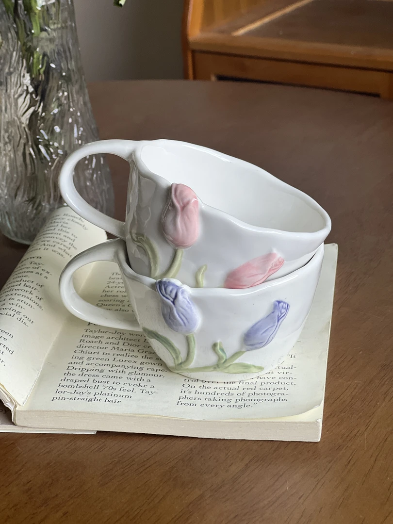 ins粉蓝少女心立体浮雕郁金香马克杯陶瓷早餐杯闺蜜下午茶咖啡杯