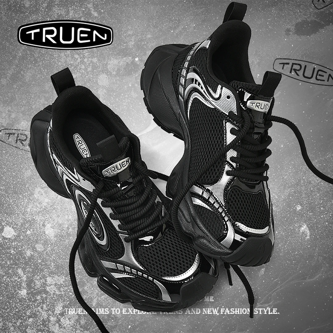 真恩[零压]老爹潮鞋男黑武士夏季透气网面运动软底减震厚底慢跑鞋