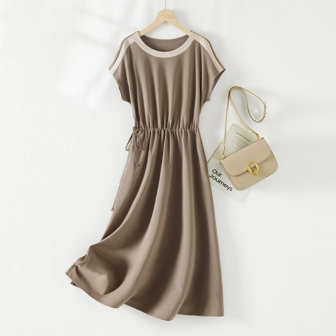 IHIMI2025年夏季新款时尚休闲百搭撞色抽绳收腰显瘦T恤连衣裙4582