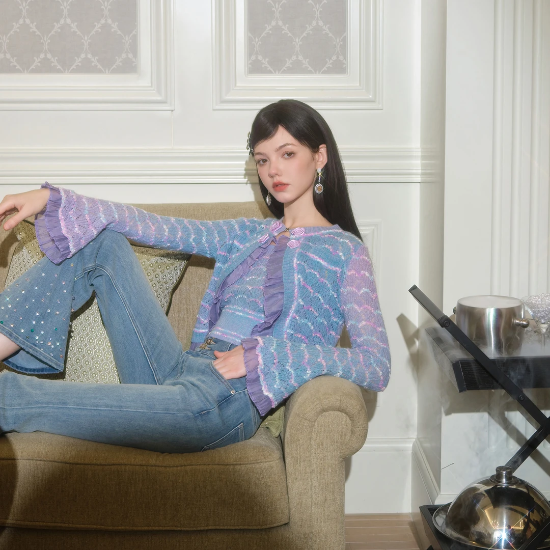 余潇潇【许愿池少女】马海毛混纺镂空渐变柔肤纱吊带开衫