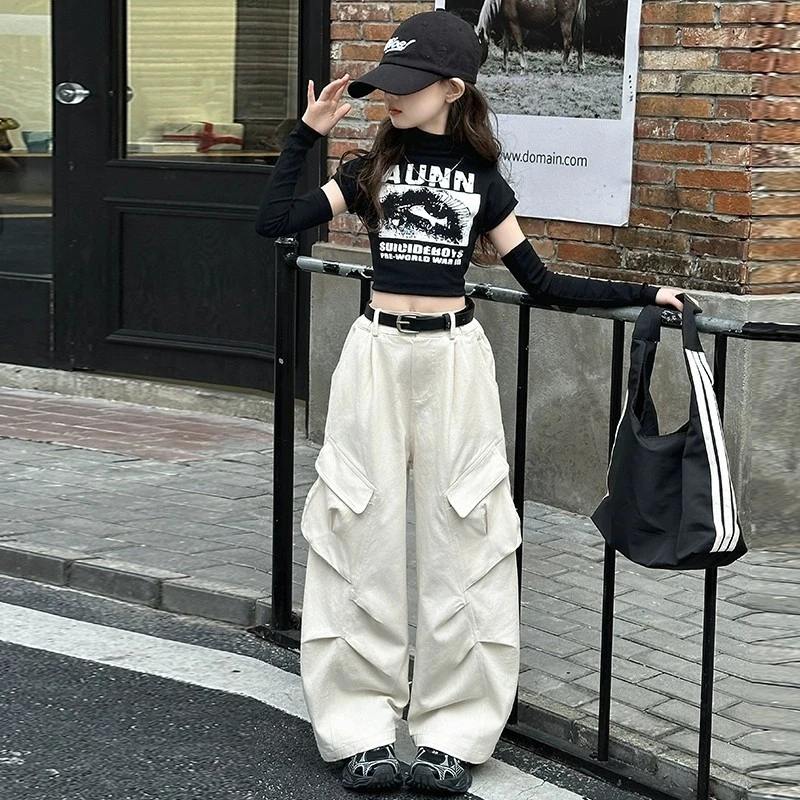 2025新款女童春装套装中大童洋气儿童长袖T恤工装阔腿裤两件套