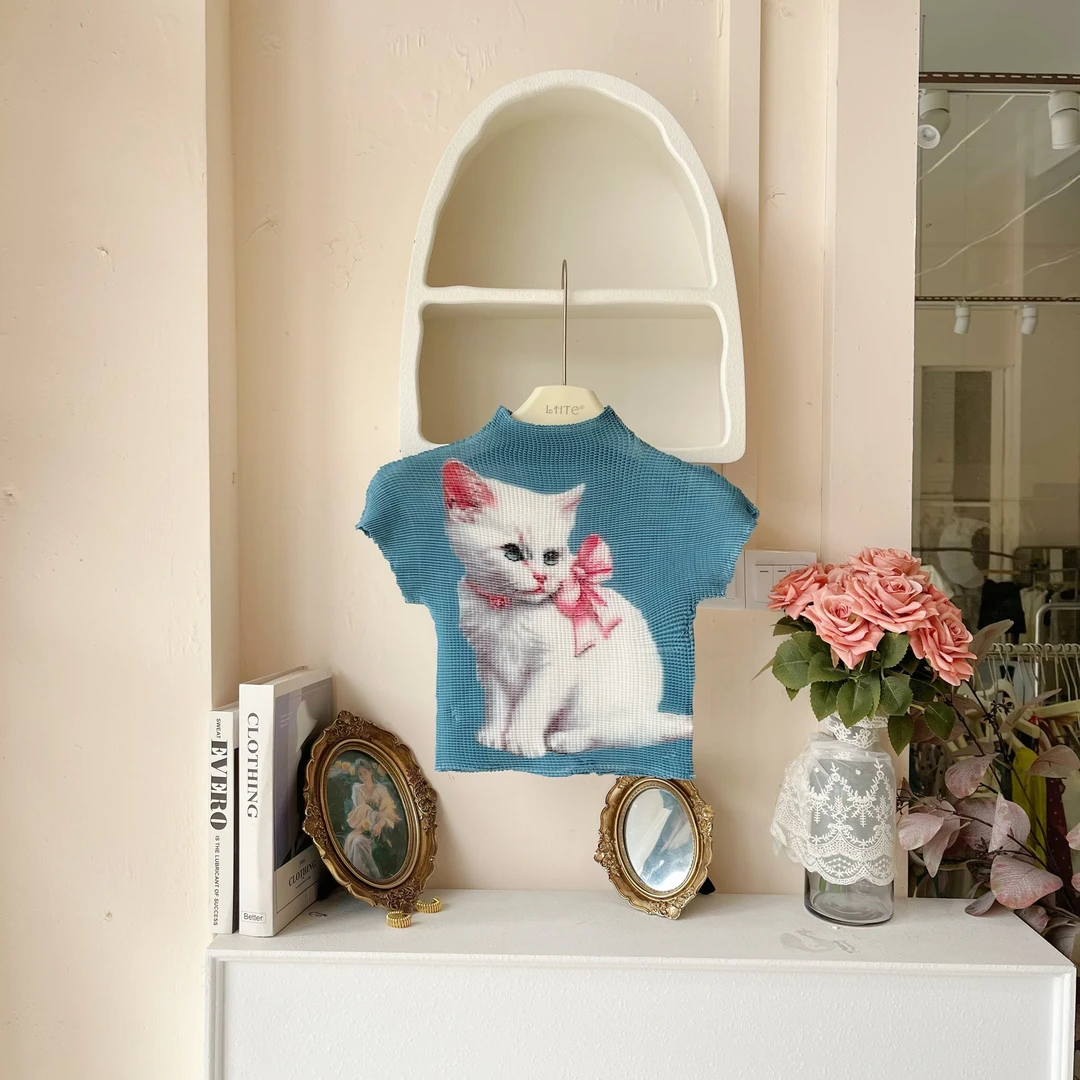 LHTE青青大码女装 夏季蓝色短袖T恤小猫数码印花性感短袖C5564