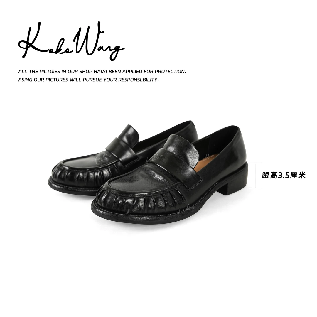 KOKO WANG 早春复古褶皱时尚牛皮英伦风百搭乐福鞋X5436A02X01