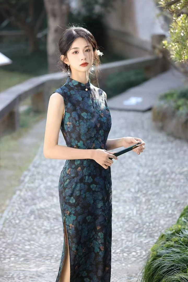 [1161]夏季无袖单层三美缎改良中长款女装旗袍