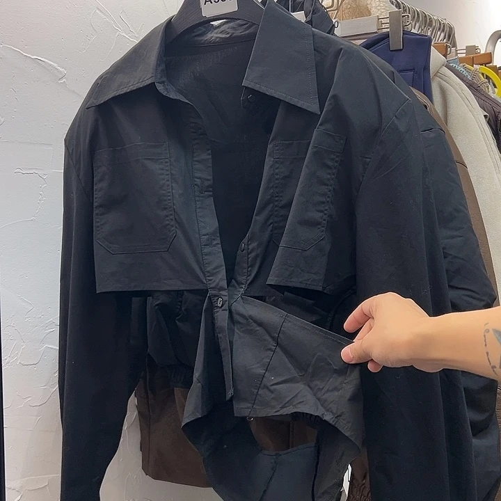 今天新款 黑色漏腰垫肩衬衫