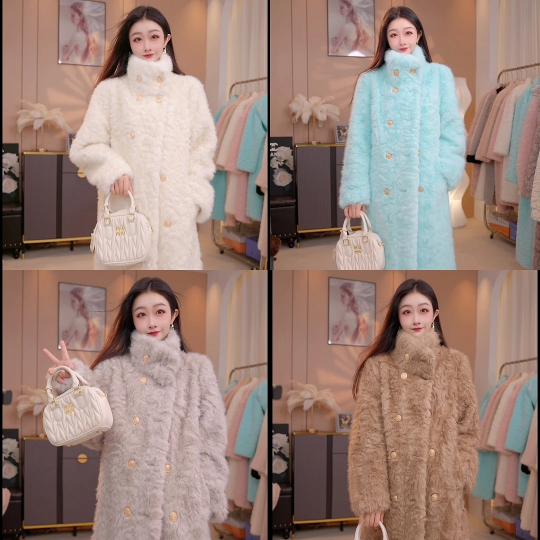 长款长袖毛呢外套花狐立领大衣冬款女装时尚气质