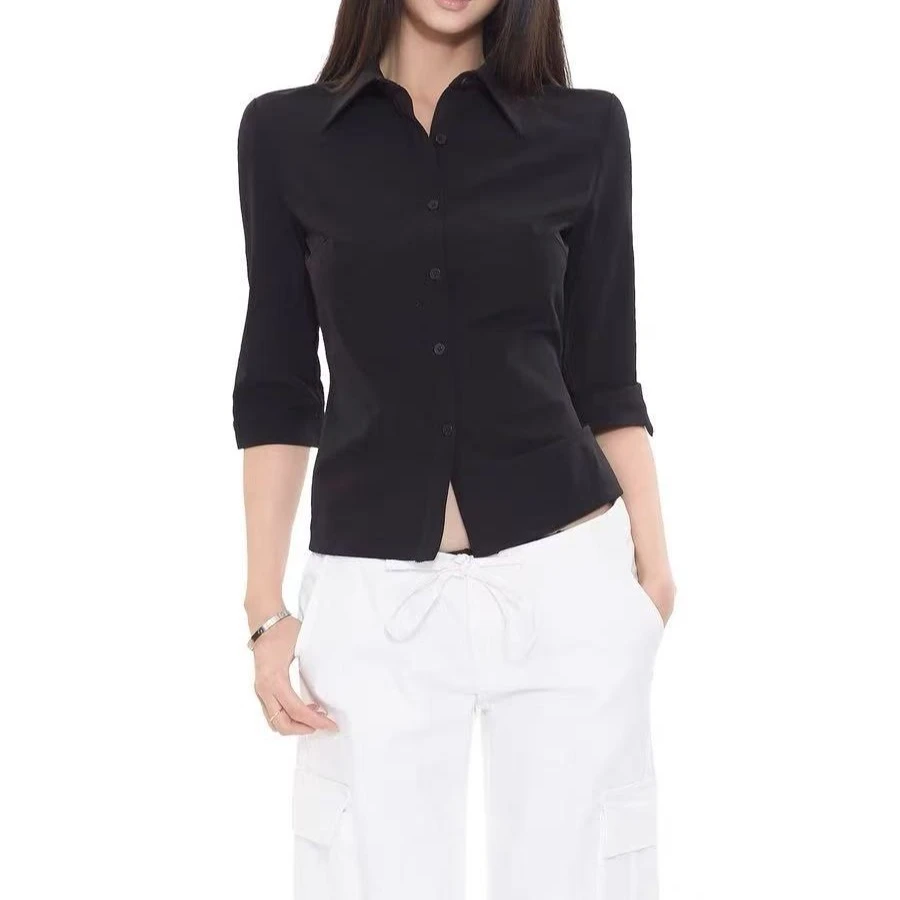 [胖鹅张]高级感黑修身半袖衬衣上衣 #9608[实物以直播间展示为准]