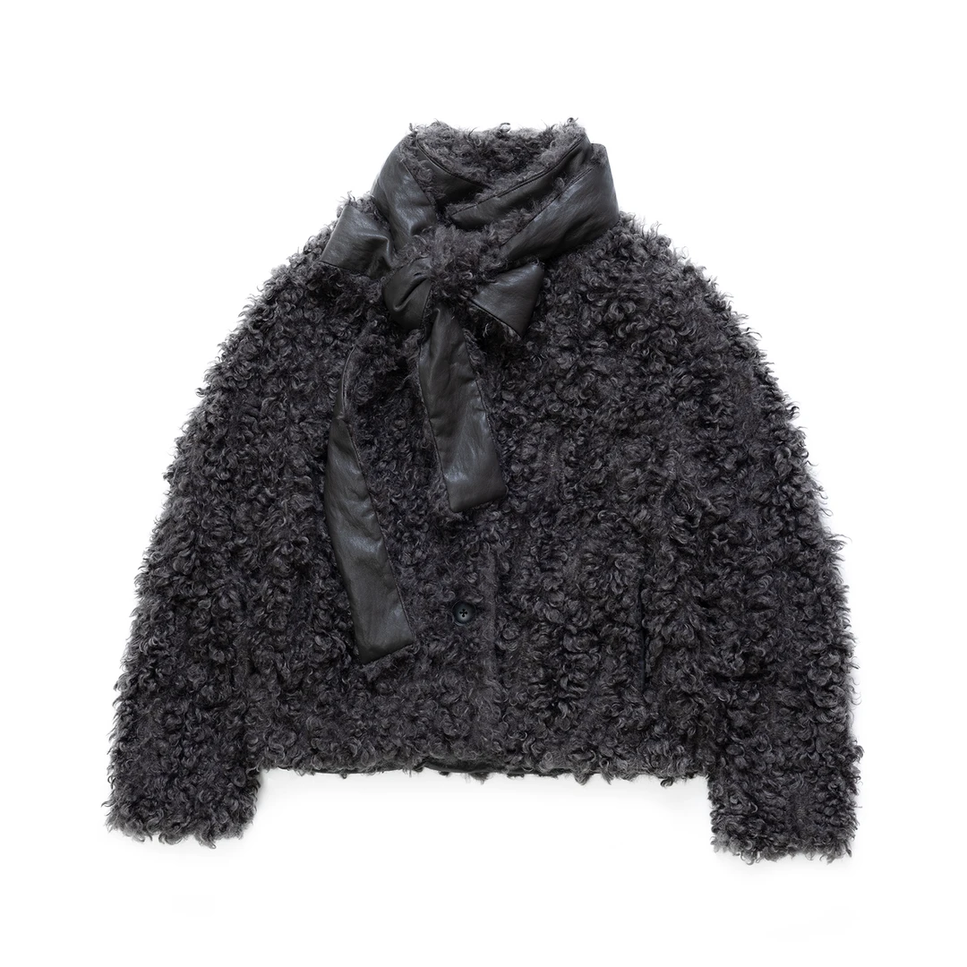 NECY 安哥拉羊卷水泥灰外套可拆卸蝴蝶结围巾冬季保暖毛绒上衣女