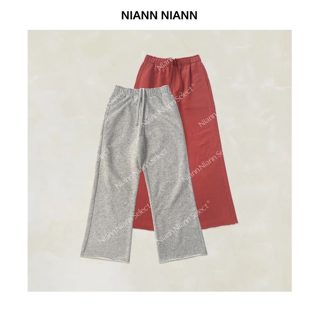 NiannNiann 新款通勤简约卷边水洗松紧腰纯棉直筒破破卫裤16205